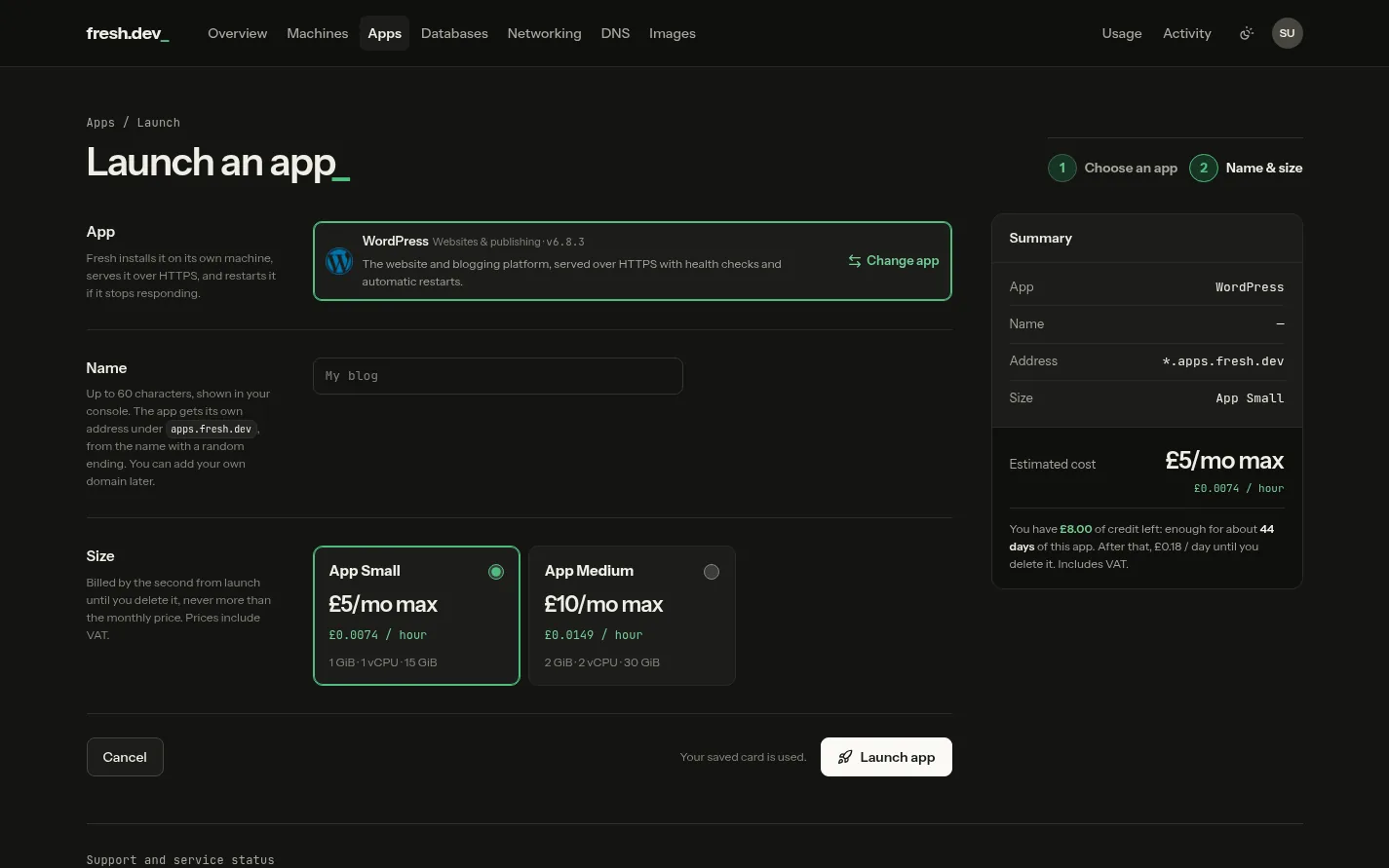The Launch an app form in dark theme