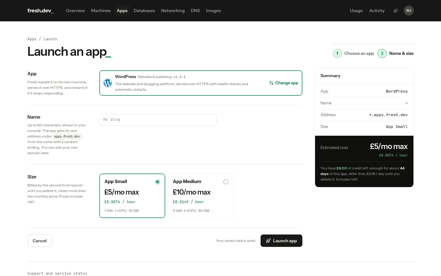 The Launch an app form after choosing WordPress: the chosen app, the name field and the size cards, with the summary showing the price and how long your credit lasts