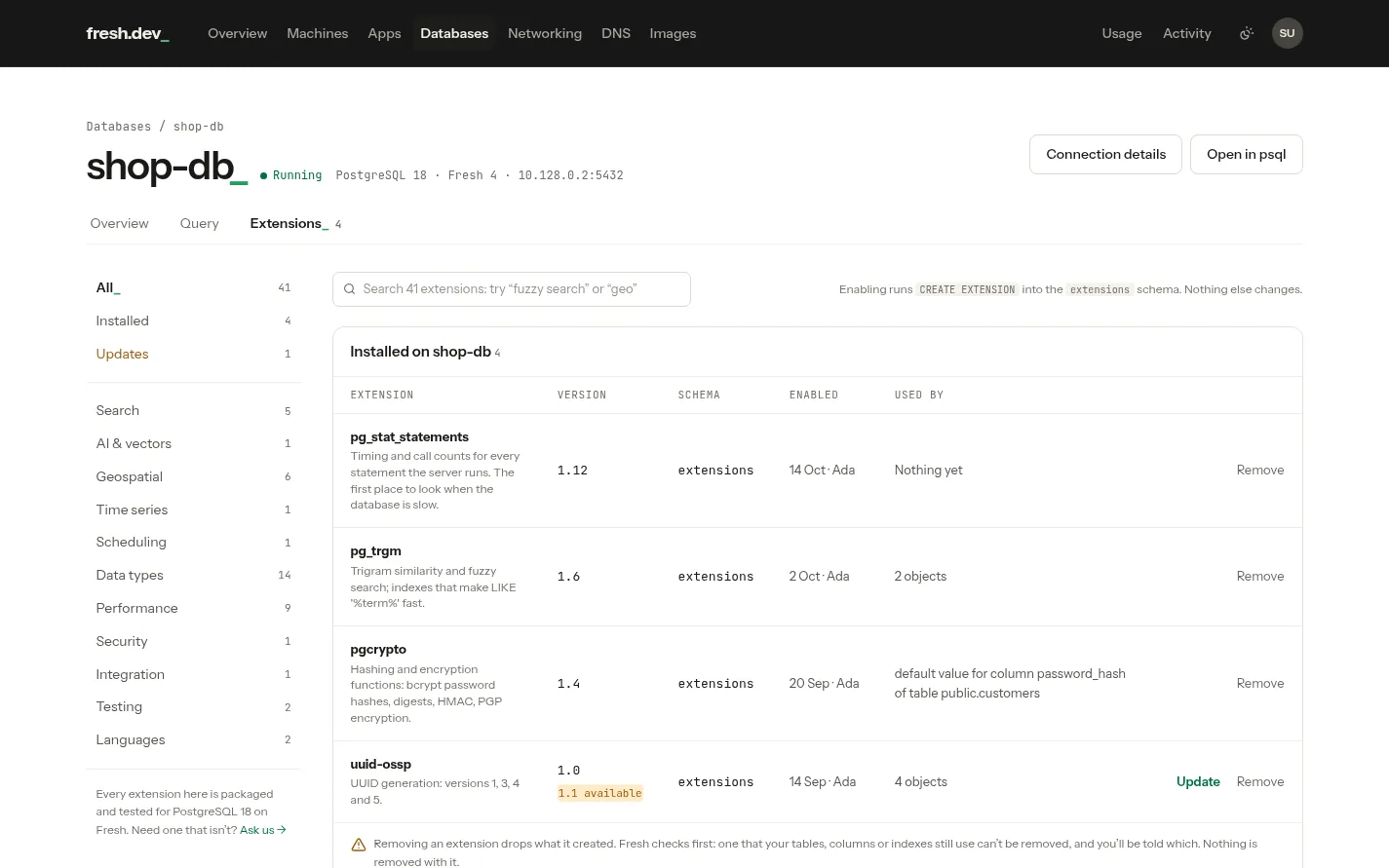 A database's Extensions tab: categories on the left, the installed extensions with version, schema, who enabled them and what uses them, a suggestion, and the available extensions