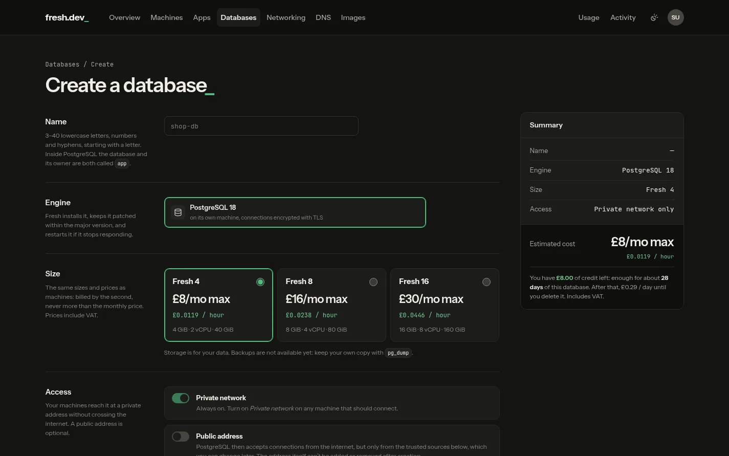 The Create a database form in dark theme