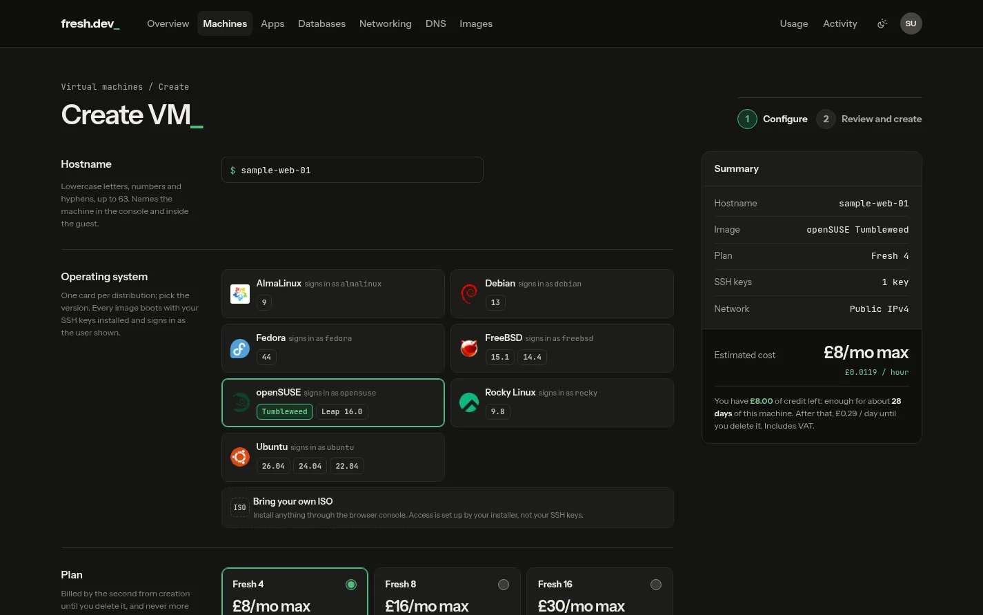 The Create VM form in dark theme