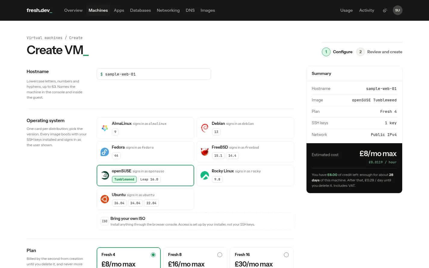 The Create VM form: hostname, operating systems with their versions, plan cards and SSH keys, with the summary showing the chosen plan, price and how long your credit lasts
