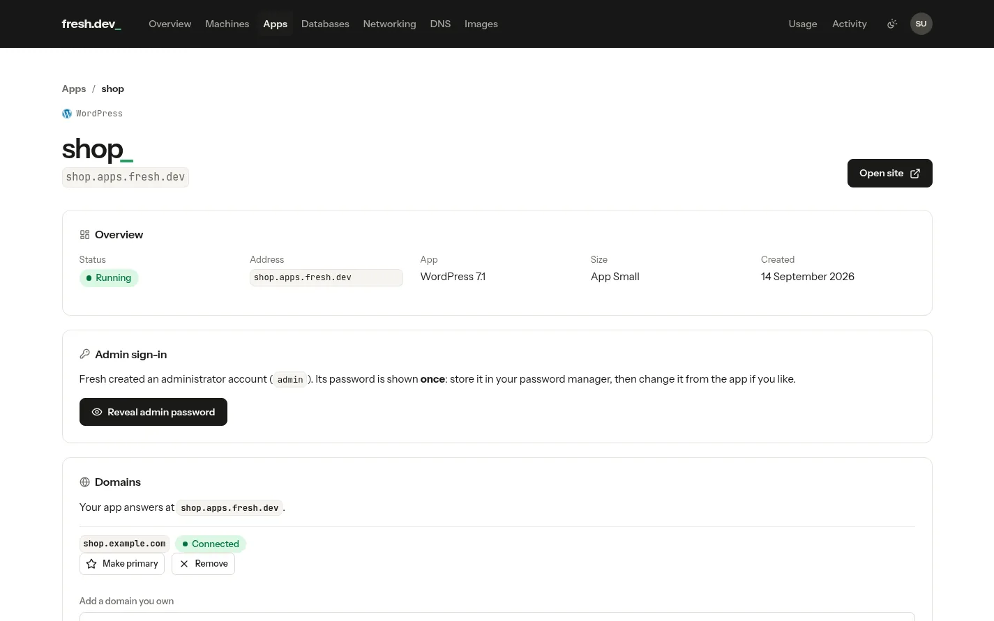 A running managed WordPress app: its address, the one-time admin sign-in, and a connected domain