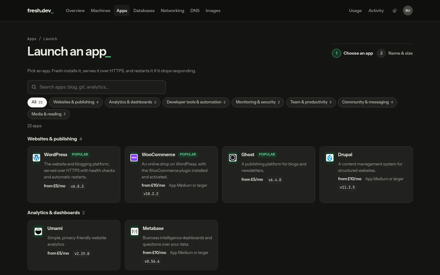 The Fresh app catalogue: search, categories, and apps with their starting prices, dark theme
