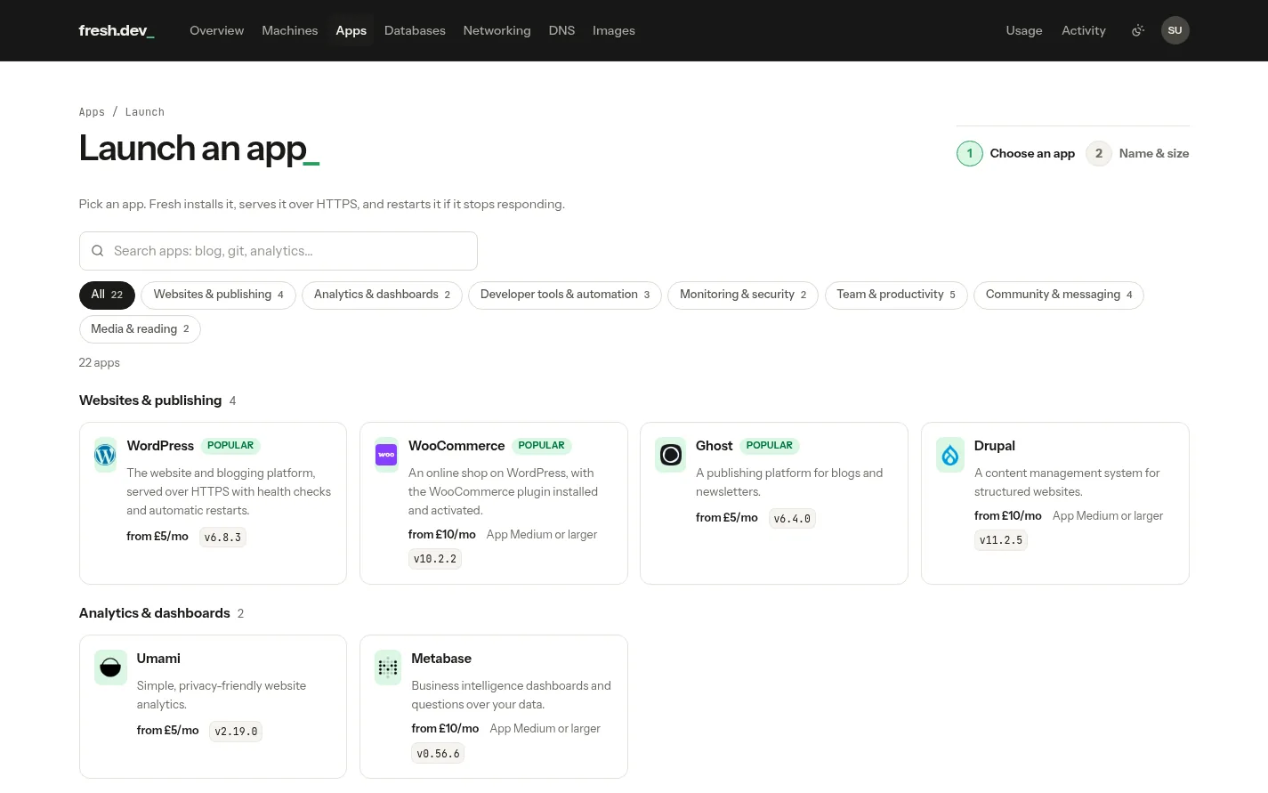 The Fresh app catalogue: search, categories, and apps with their starting prices