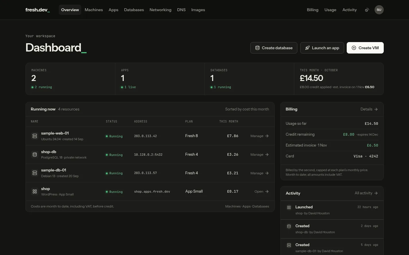 The dashboard in dark theme
