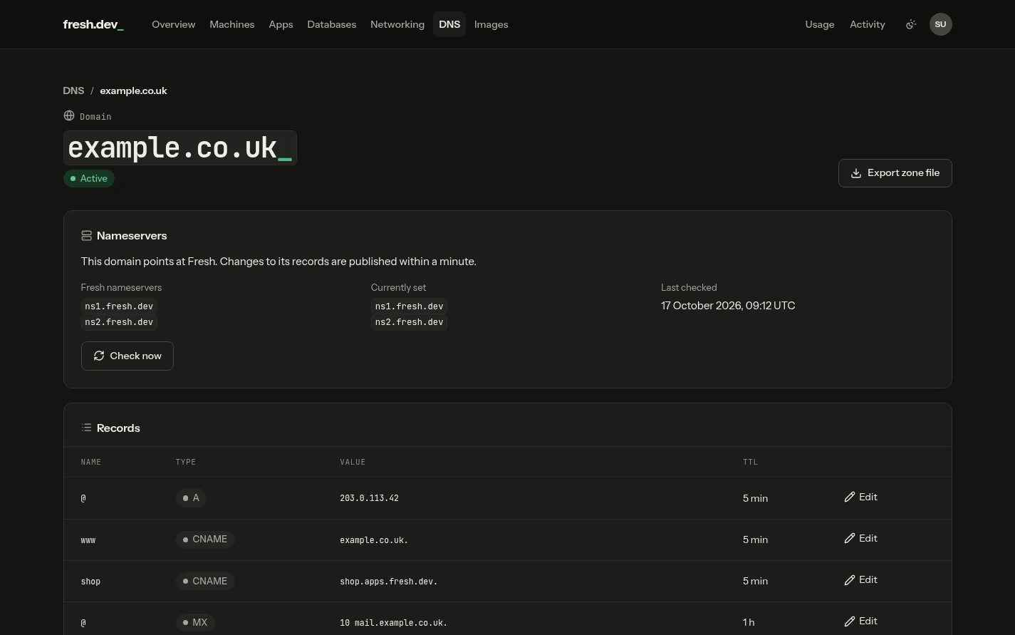 A DNS zone in the Fresh console: its nameservers, DNSSEC and records, dark theme
