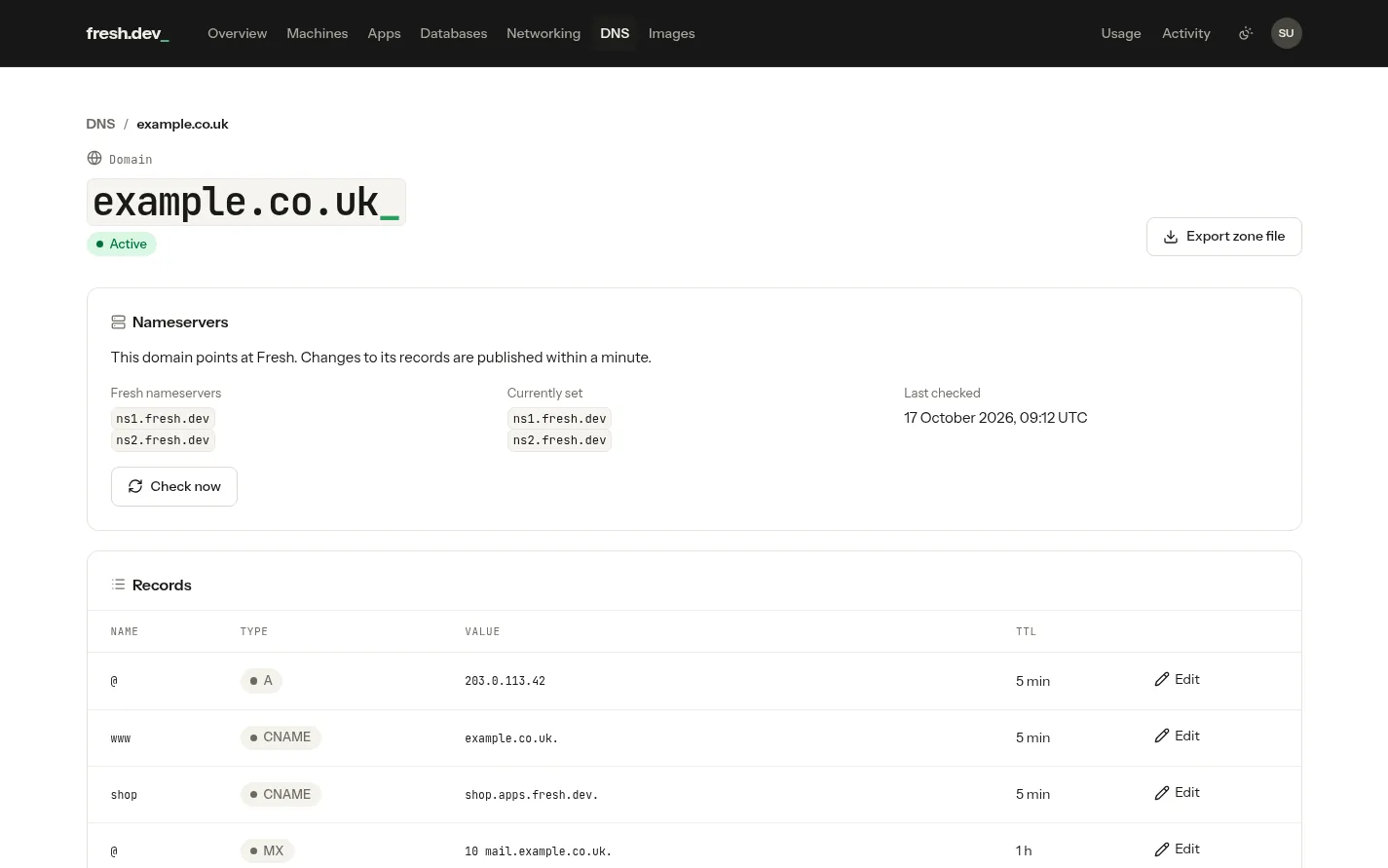 A DNS zone in the Fresh console: its nameservers, DNSSEC and records