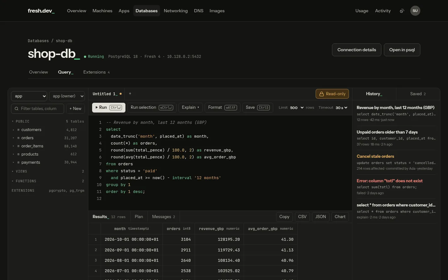 The SQL editor on a managed database, dark theme