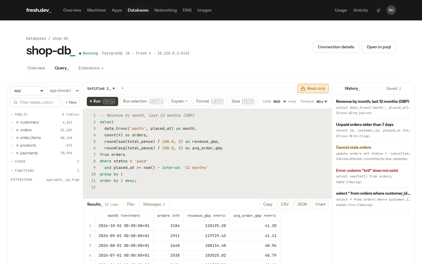 The SQL editor on a managed database: schema browser, a query and its results