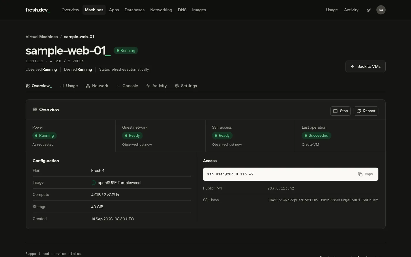 A machine's overview in the Fresh console: running, with its plan, image, public IPv4 and SSH command, dark theme