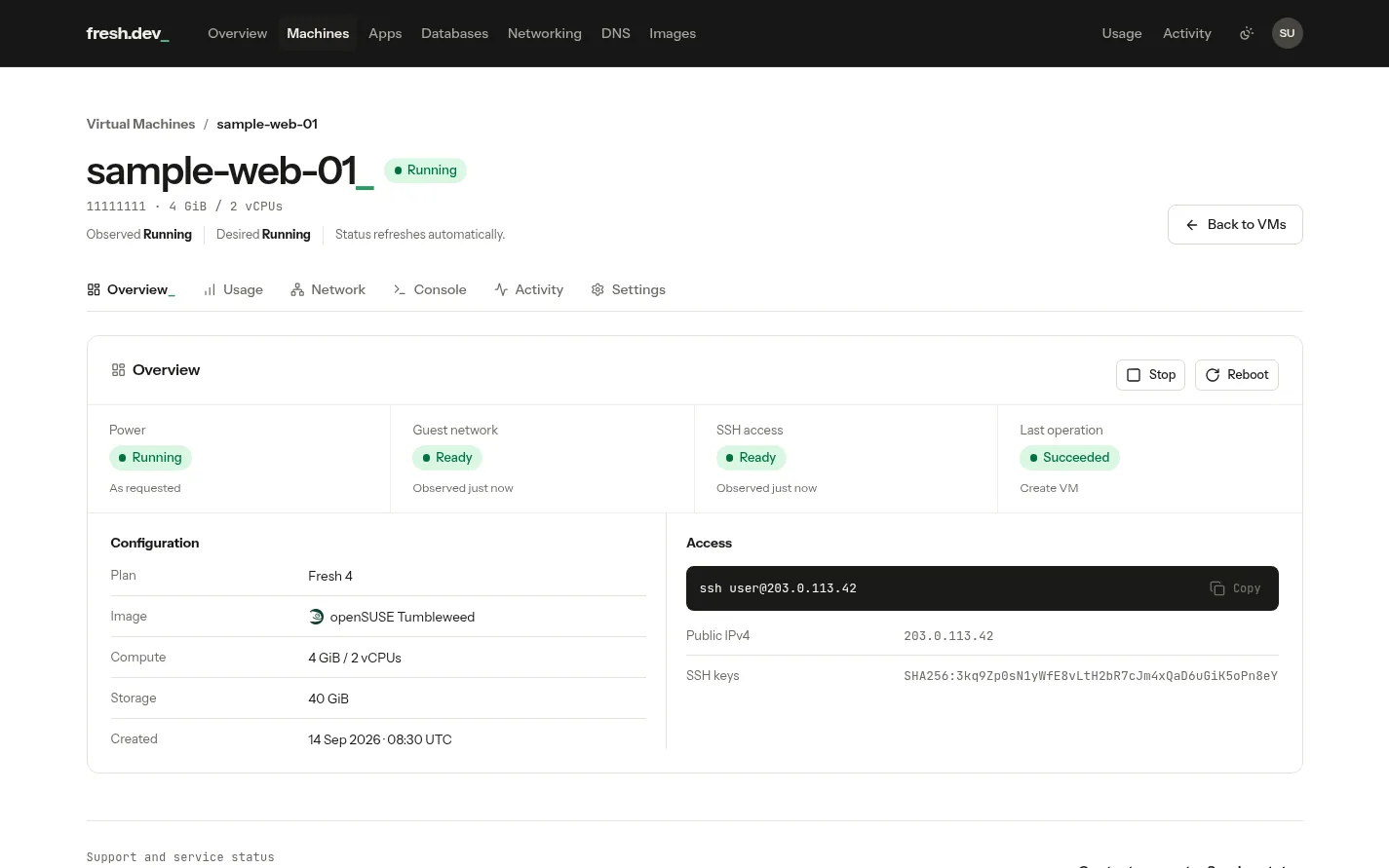 A machine's overview in the Fresh console: running, with its plan, image, public IPv4 and SSH command